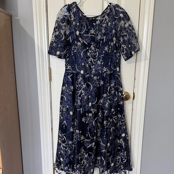 Eliza J Navy and Cream Floral Midi Dress - Picture 1 of 11